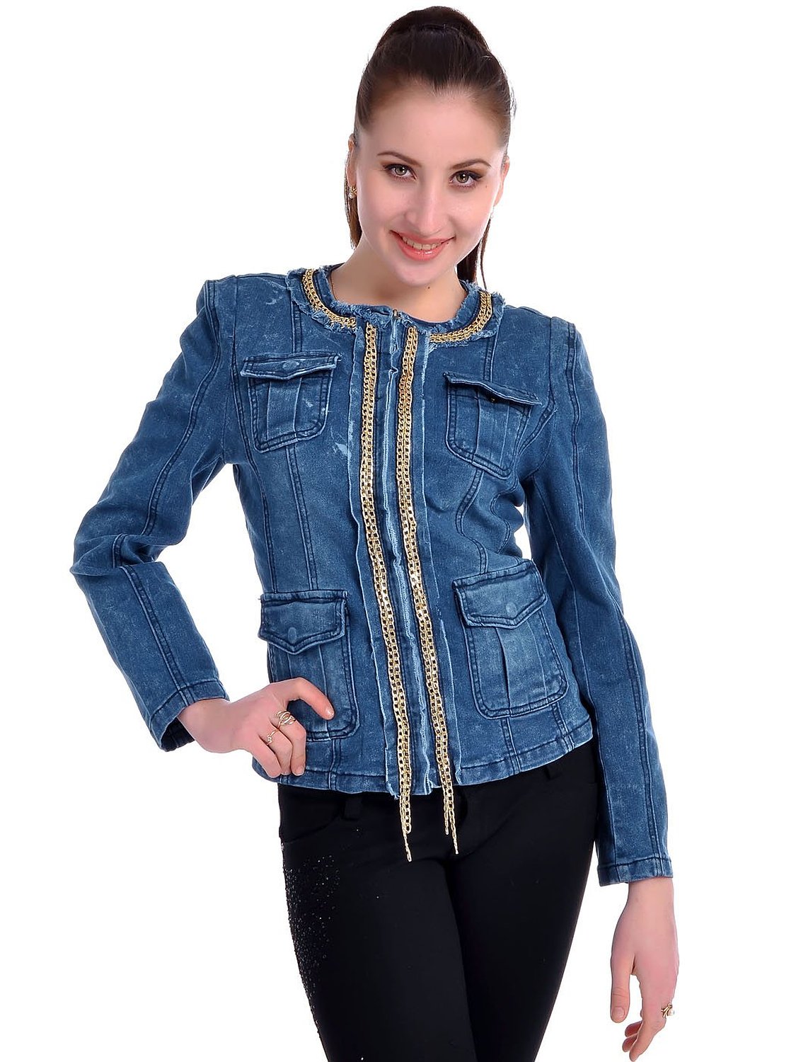 Anna-Kaci S/M Fit Blue Denim High Society Lady Hidden Front Zip Short Jacket